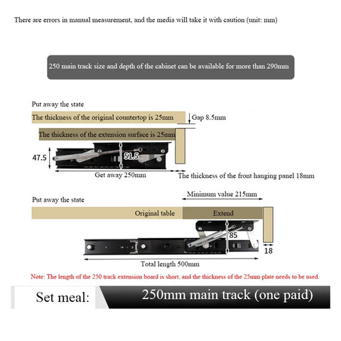 Heavy Duty Side Mounted Ball Bearing Drawer Slides Full Extension Rock Solid Cold Rolled Steel Runners For Hidden Dining Lift Tables Smooth As Butter Glide Cabinet Hardware Pack Of Two 250Mm measurement diagram