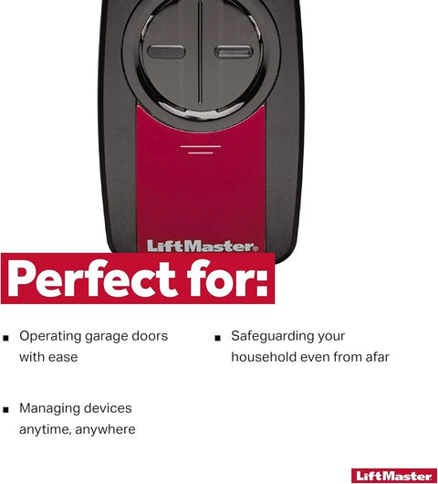 Close-up of LiftMaster Two Button No Fuss Universal Garage Door Opener Remote For Major Brands With Universal Compatibility.