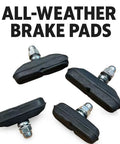 All-Weather Bike Brake Pads With Grippy Non-Slip Braking In Rain Or Shine, featuring durable black rubber pads.
