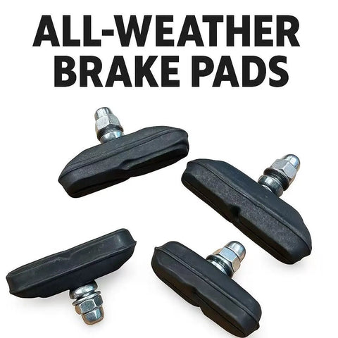 All-Weather Bike Brake Pads With Grippy Non-Slip Braking In Rain Or Shine, featuring durable black rubber pads.