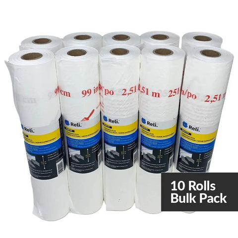 Bulk Masking Film Rolls For Painting And Auto Work, 10 Premium Plastic Sheets, 90 Feet By 99 Inches, Pre Folded, Self Adhering Cling, No Tape Needed, Dust And Overspray Containment, Garage Ready, Works With Hand Masker Plastic