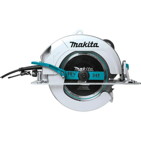 Side view of ten and one quarter inch circular saw with beefy 15 amp motor delivers 4,300 RPM for fast clean cuts through beams and lumber.