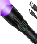 Rechargeable UV Blacklight Flashlight With High Lumens For Pet Pee Detection And Resin Curing showing LED and Type-C cable