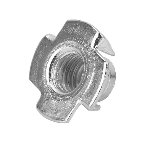 Close-up of a stainless steel four-claw T nut from the "Four Claw T Nuts Kit in Stainless Steel Galvanized for Woodworking and Metal Fabrication M3 Through M10 Sizes 110 Piece Industrial Fastener Set That Grips Tight and Prevents Spin Out for High Torque Projects."