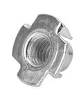 Close-up of a galvanized four-claw T nut from the 110 Piece Galvanized T Nut Assortment Kit With Six Sizes M3 Through M10 Four Claws Rivet T Nuts And Heavy Duty Storage Box For Woodworking Cabinetry Furniture Making And Rock Climbing Holds.