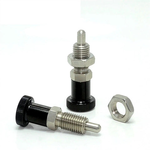 Rock Solid Index Plunger With Hex Turn Collar And Knockout Aluminum Spring Knob Locking System Screw Mount M16L Precision Location Pin Hardware For Serious Shop Fixtures One Piece, featuring two threaded plunger knobs.