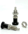 Kickin Performance Index Plunger Featuring A Rock Solid Hex Collar And Lightweight Aluminum Spring Knob Lock Pin Screw Thread Kit Tailored For Tight M16 Spacers And Big Rig Shop Work, showcasing two indexed plungers with nuts.