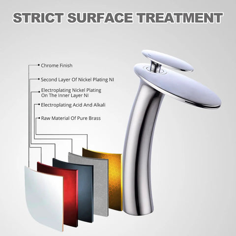 Chrome Waterfall Bathroom Faucet With Single Handle Vessel Sink Brass Lavatory Tap Tall Slanted Body Top Shelf Spa Finish shown