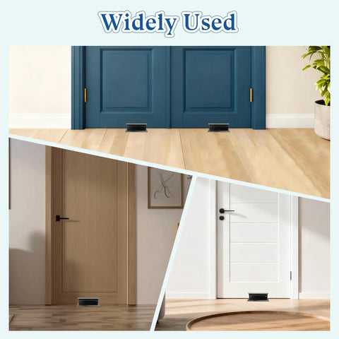 Top Shelf Heavy Duty Door Barricade Security Lock Travel Safe Kick Resistant Floor Brace solid aluminum positioned under doors in home settings.