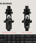 Close-up of black NBK bearing hubs for Shimano 10-11 speed and XDR 11-12 speed on 700C Carbon Disc Brake Wheelset.