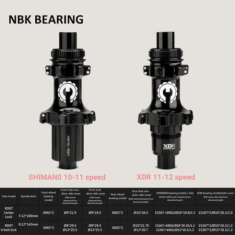 Close-up of black NBK bearing hubs for Shimano 10-11 speed and XDR 11-12 speed on 700C Carbon Disc Brake Wheelset.