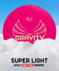 Gravity Disc Golf Starter Set disc in pink against a cloudy sky, highlighting 120-130g lightweight floating plastic for beginners.