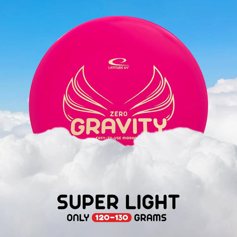 Gravity Disc Golf Starter Set disc in pink against a cloudy sky, highlighting 120-130g lightweight floating plastic for beginners.