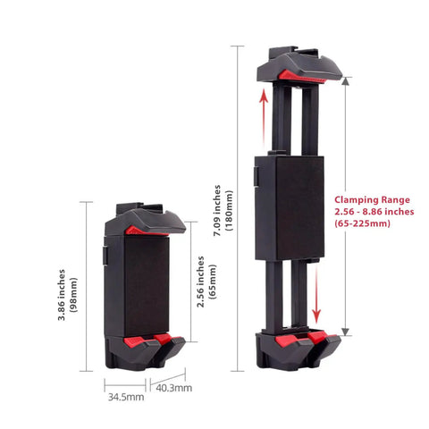 Metal Portable Monitor Stand Tripod With 360 Degree Ball Head Phone And Tablet Clamp showing adjustable clamping range