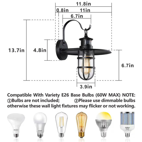 Dimensions and bulb types for 2 Pack 10 Inch Motion Sensor Outdoor Porch Lights Dusk to Dawn Exterior Wall Sconces Waterproof Matte Black Barn