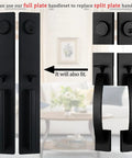 Matte Black Double Door Handleset With Adjustable Hole Position For Us Doors Fits Eight One Third To Nine Five Eighth Inch Bore Includes Keyed Entry And Dummy Handle Easy Install Durable Metal Construction shown in full and split plate variations.