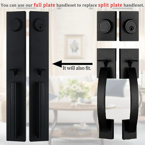 Matte Black Double Door Handleset With Adjustable Hole Position For Us Doors Fits Eight One Third To Nine Five Eighth Inch Bore Includes Keyed Entry And Dummy Handle Easy Install Durable Metal Construction shown in full and split plate variations.