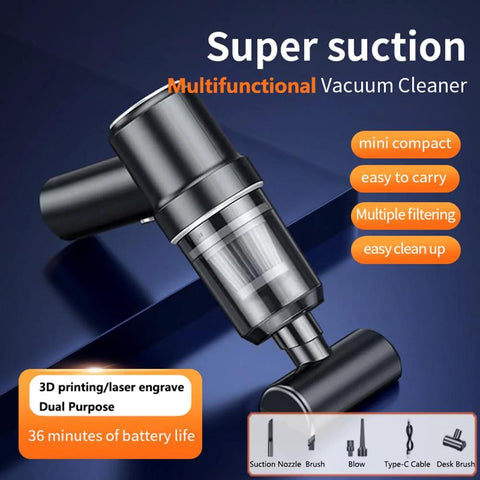 Skouphy handheld vacuum cleaner for 3D printing debris; black body with transparent canister and multiple attachments