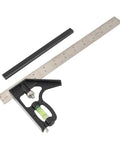 12 Inch Heavy Duty All In One Combo Square with degree markings, scriber, level, and spring-loaded bolt for carpentry and metalworking.