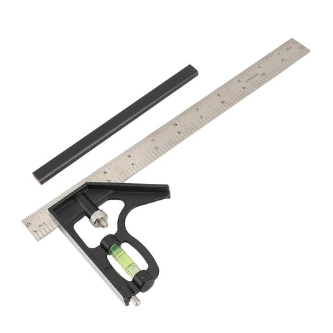 12 Inch Heavy Duty All In One Combo Square with degree markings, scriber, level, and spring-loaded bolt for carpentry and metalworking.