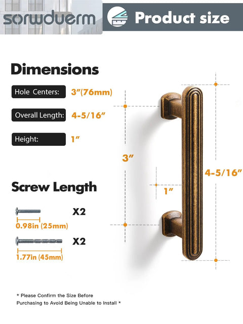 Dimensions and screw lengths for 10 Pack Antique Brass Cabinet Pulls 3 Inch 76mm For Kitchen Cabinets Drawers Cupboards