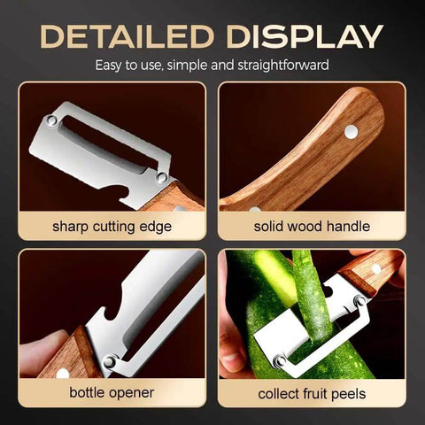Two Pack 2 In 1 Veggie Peeler And Bottle Opener With Stainless Steel Blade And Wooden Handle showing cutting edge and handle