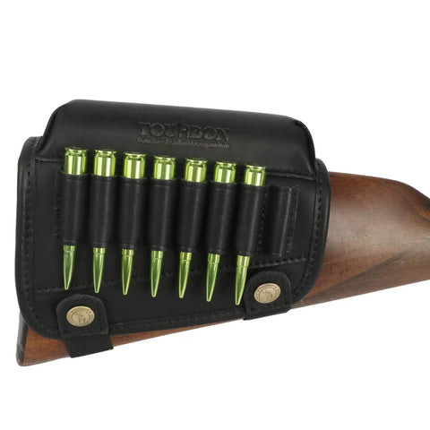 Genuine Leather Buttstock Cheek Rest With Rifle Shell Holder For Up To 8 Shells Adjustable Elastic Straps With Bottom Closure