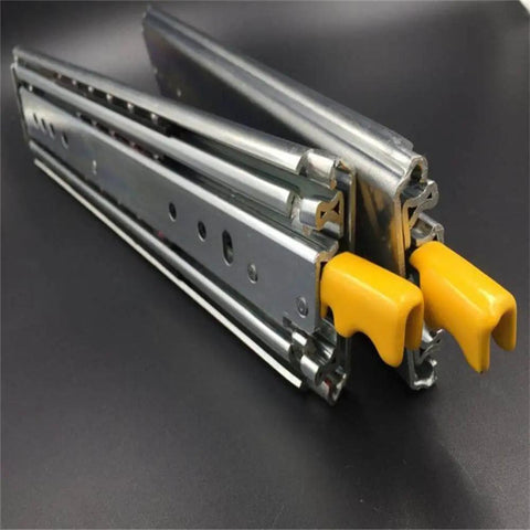 Heavy Duty Full Extension Drawer Slides With Double Row Steel Ball Bearings Built Tough For Daily Use Rock Solid Gliding Performance For Everyday Home Projects 72 Inch Three Fold Rail System supporting 400 lbs with yellow locking handles.