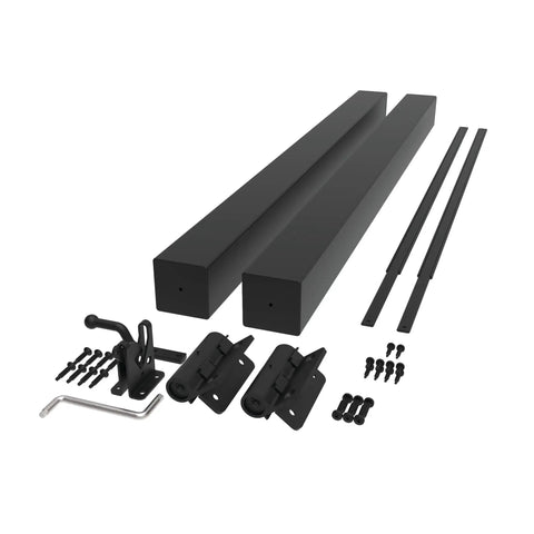 Top Shelf 36 Inch Aluminum Pool Fence Gate Kit With Rugged Hinges And Solid Hardware Slick Matte Black Finish, hardware and components displayed.