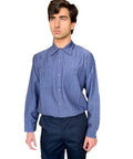 Mens Charcoal Blue Stripe Long Sleeve Industrial Work Shirt Built Tough For Auto Mechanics And Trades Professionals Stain Resistant Heavy Duty Poly Cotton Blend With Secure Button Front Pockets Ready For The Daily Grind 2Xl displayed on a model