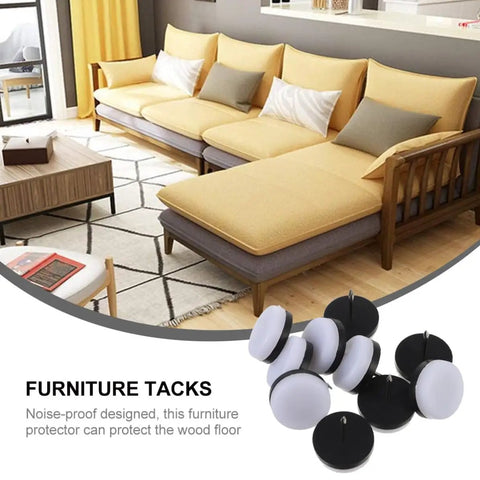 Round White Furniture Glide Pads With Nylon And Metal Build Non Slip Floor Protectors in living room scene with furniture