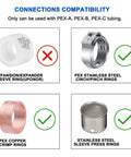 Connection compatibility chart showing compatible and incompatible PEX rings for Half Inch 90 Degree Pex Elbow Fitting Made From Lead Free PPSU Barb Crimp For Water Lines No Lead Plastic Pex Fittings ASTM F2159 Certified And cUPC 25 Pack Durable Corrosion Resistant For Chlorinated And Low pH Water.