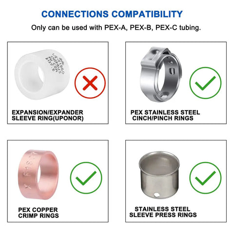 Connection compatibility chart showing compatible and incompatible PEX rings for Half Inch 90 Degree Pex Elbow Fitting Made From Lead Free PPSU Barb Crimp For Water Lines No Lead Plastic Pex Fittings ASTM F2159 Certified And cUPC 25 Pack Durable Corrosion Resistant For Chlorinated And Low pH Water.