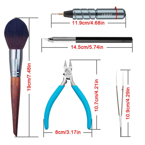 Premium Model Building Tool Kit For Gundam And Plastic Models, Precision Hobby Tools with measurements and components