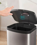 Hand near sensor on stainless smart trash can lid, using Two Pack IR Break Beam Sensor Kit With 5mm LEDs, Photoelectric Through Beam Switch, DIY Counting Module, 33cm Cable Length, 25cm To 100cm Sensing Range, Fast Response NPN Normally Open Output For DIY Automation.