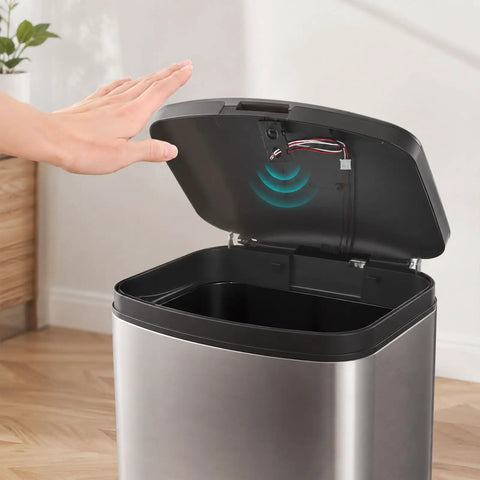 Hand near sensor on stainless smart trash can lid, using Two Pack IR Break Beam Sensor Kit With 5mm LEDs, Photoelectric Through Beam Switch, DIY Counting Module, 33cm Cable Length, 25cm To 100cm Sensing Range, Fast Response NPN Normally Open Output For DIY Automation.
