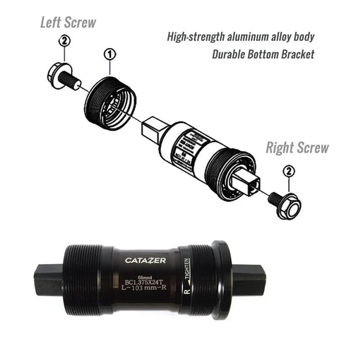 Diagram and image of Beefy Square Taper Bottom Bracket 68mm Shell with 103mm Options Aluminum Alloy Body and Chromoly Spindle