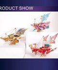 Three colorful steampunk flyships from Hands On Dope 3D Wooden Puzzle Kit For Adults Spaceship Flyship With 300 Plus Pieces Steampunk DIY Model Build Kit Do It Yourself Craft Toy Gift For Puzzle Lovers displayed.