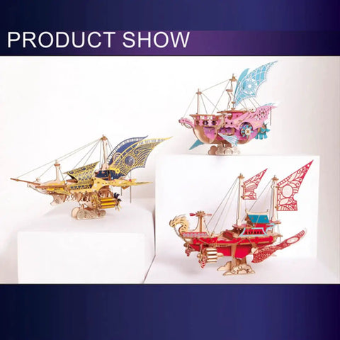 Three colorful steampunk flyships from Hands On Dope 3D Wooden Puzzle Kit For Adults Spaceship Flyship With 300 Plus Pieces Steampunk DIY Model Build Kit Do It Yourself Craft Toy Gift For Puzzle Lovers displayed.