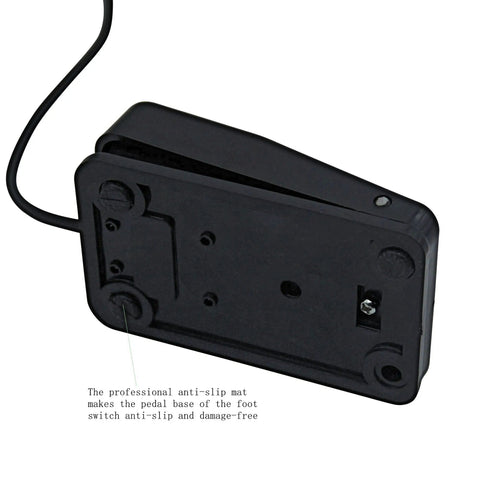 Underside view of foot pedal switch showing anti-slip mats, part of Foot Pedal Switch Power Supply With Five Foot Clip Cord And Standard One Quarter Inch Plug For Power Equipment And Machine Kits Heavy Duty ABS Pedal Control For No Fuss Hands Free Operation.