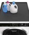 Heavy Duty Silicone Top Loader Protector Mat For Washer And Dryer Surface 27 X 27 Inch Slick Non Slip Cushion with detergent bottles.