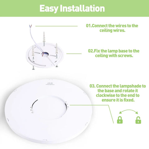 Illustration of easy installation for Two Pack Flush Mount LED Ceiling Lights 12 Inch 28W Energy Saving With 3 Color Temperatures 3000K 4000K 6000K 3600LM Bright Ceiling Lamps For Bedroom Kitchen Bathroom Hallway