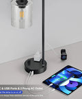 Bedside Table Lamp With USB C Charging Port And Outlets Fully Stepless Dimmable Black Desk Lamp With Glass Shade for charging devices