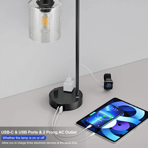 Bedside Table Lamp With USB C Charging Port And Outlets Fully Stepless Dimmable Black Desk Lamp With Glass Shade for charging devices