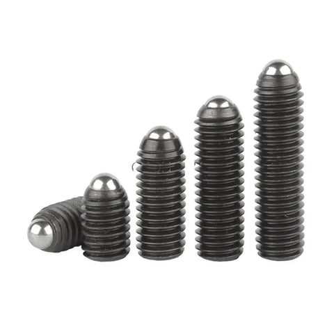 Heavy Duty Spring Ball Plunger Set Built Like A Badass Hex Socket Grub Screws In Durable Carbon And Stainless Steel Metric Sizes Five Pack showing five varying sizes.