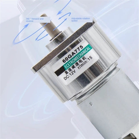 Top Shelf 775 Dc Gear Motor 24 Volt 35 Watt 400 Rpm Beefy Miniature Torque Workhorse Built Tough For Robotics Diy Projects Smooth Running Industrial Automation close-up with label showing adjustable speed features.
