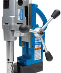 Front view: Hougen HMD900 magnetic drill, 115V; blue base, silver housing, visible drill bit.