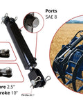 Built Tough Double Acting Hydraulic Cylinder With Clevis Ends For Farm Equipment 2.5 Inch Bore And 10 Inch Stroke At 2500 PSI Tie Rod Alternative Welded Universal Cylinder, black cylinder with SAE 8 ports