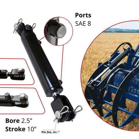 Built Tough Double Acting Hydraulic Cylinder With Clevis Ends For Farm Equipment 2.5 Inch Bore And 10 Inch Stroke At 2500 PSI Tie Rod Alternative Welded Universal Cylinder, black cylinder with SAE 8 ports