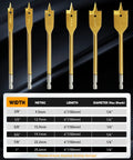 COMOWARE spade drill bit set: six titanium-coated gold paddle bits with hex shank for woodworking (3/8–1 in)
